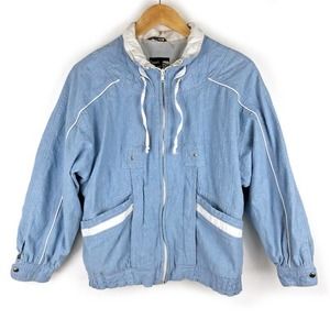 Vintage Windbreaker Jacket 80s Blue White Cotton Chambray Track Full Zip M